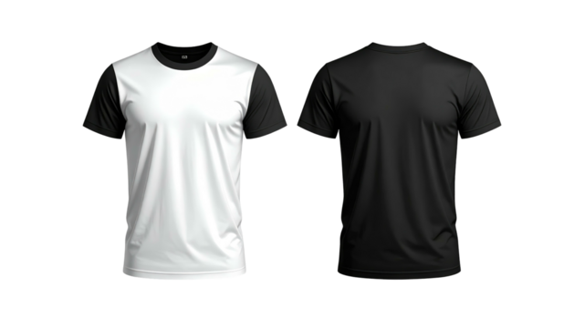 Two plain t-shirts, one white with black sleeves and the other all black, against a black background