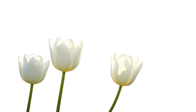 Three white tulip flowers reach upwards from their stems against a stark black background in a serene composition
