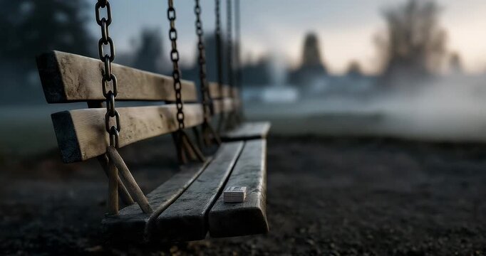 Empty Playground at Dawn Surrounded by Smoke and Abandoned Cigarette Pack