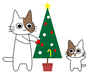 クリスマスツリーを飾る猫の親子キャラクター｜冬のイベントや家族のぬくもりを感じるかわいい猫のベクターイラスト