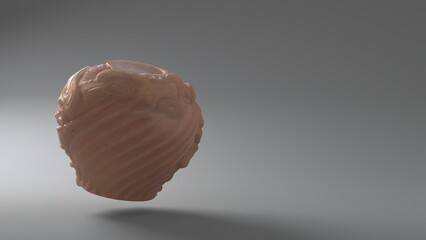 Brown carved clay vase on gray background with copy space