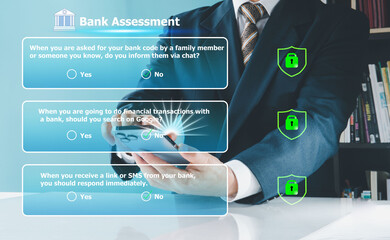 Bank customers answer financial security questions on virtual digital bank.security  financial. money and fight scammer concept.