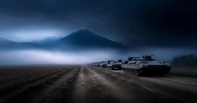 Armored Vehicles Hidden in Mountain Fog on a Tense Morning