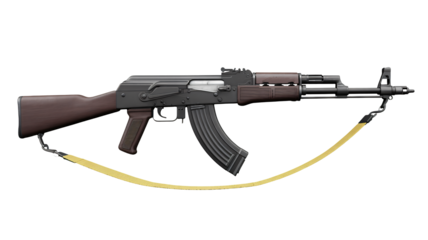 Iconic AK-47 rifle with wooden stock and yellow strap