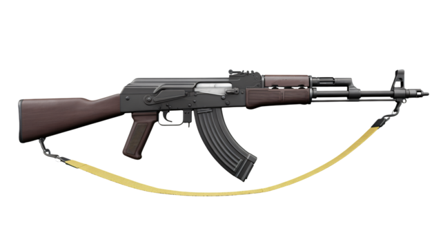 Iconic AK-47 rifle with wooden stock and yellow strap