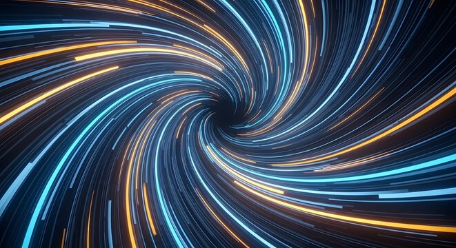 Abstract swirling vortex of glowing blue and orange lines, representing a futuristic tunnel or digital data flow