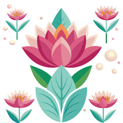 Lotus Flower Illustration &ndash; Symmetrical Bloom with Green Leaves and Decorative Elements