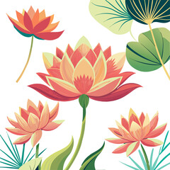 Lotus Flower Illustration &ndash; Symmetrical Bloom with Green Leaves and Decorative Elements