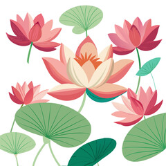 Lotus Flower Illustration &ndash; Symmetrical Bloom with Green Leaves and Decorative Elements