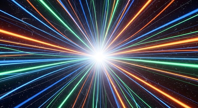 Abstract digital explosion of multicolored light streaks emanating from a bright central core, creating a sense of speed and energy