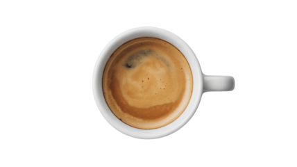 Rich espresso crema top view in white cup, morning energy boost