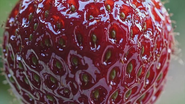 Close up strawberry with high texture detail, shiny surface, organic fruit freshness