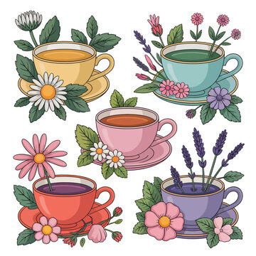 Assorted Herbal Tea Cups with Flowers and Leaves Illustrations saucer