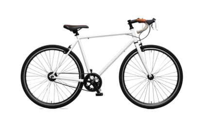 White bicycle with black wheels and a brown seat and handlebar grips against a black backdrop
