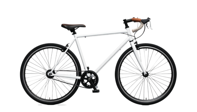 White bicycle with black wheels and a brown seat and handlebar grips against a black backdrop - Powered by Adobe