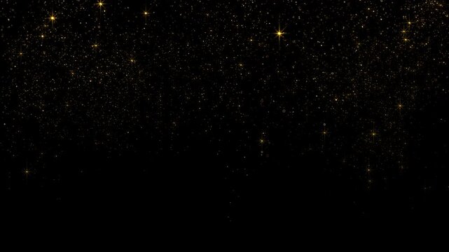 4K cinematic golden particles flowing upwards, perfect for an elegant video transition or reveal. The fine, sand-like dust has a subtle star glow effect, creating a luxury opening or background for pr