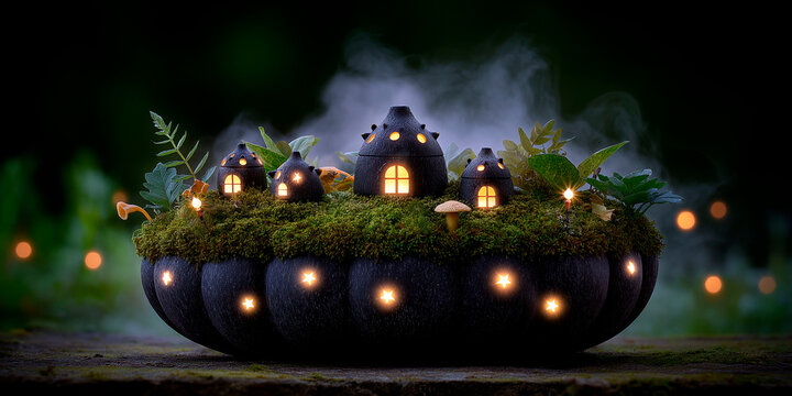 Miniature fairy village with glowing houses and moss on top of dark pumpkin in magical forest atmosphere