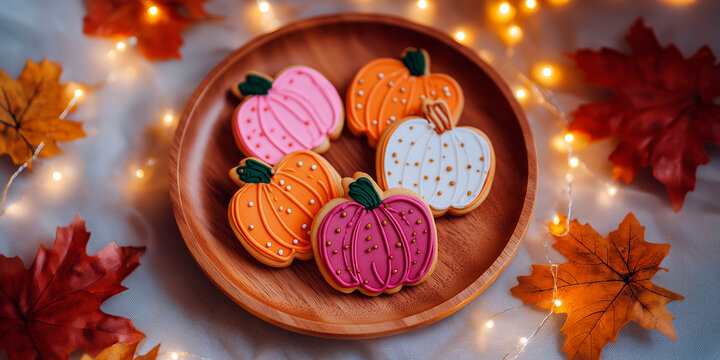 Colorful pumpkin shaped cookies with icing on wooden plate surrounded by autumn leaves and fairy lights