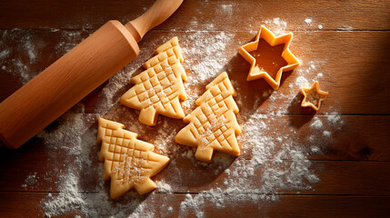 Christmas tree shaped cookie dough with rolling pin and star cutters on wooden surface sprinkled with flour