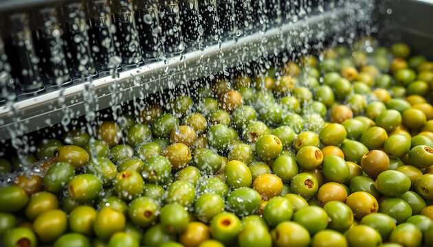 Machine washing or spraying green olives after harvesting close up with space for text or inscriptions