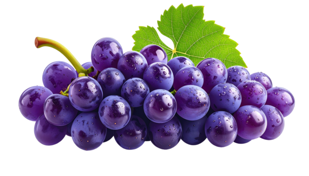 Purple grapes clump with a green leaf against black, droplets add freshness