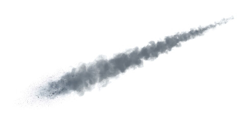 A trail of dark smoke or dust particles moving diagonally across a white background © MDSHAHINUL