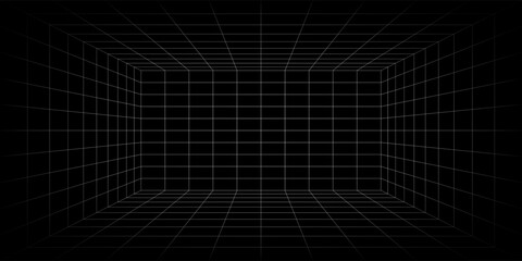 Naklejka premium Empty futuristic digital box room grey-black background with white grid space line color surface. Network cyber technology. banner, cover, terrain, sci-fi, wireframe, and related to background.Print