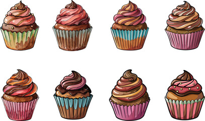 Watercolor Cupcakes Collection with Various Flavors and Colorful Decorative Designs