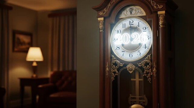 A glowing grandfather clock displays "2020" on its face in a dimly lit room with furniture.