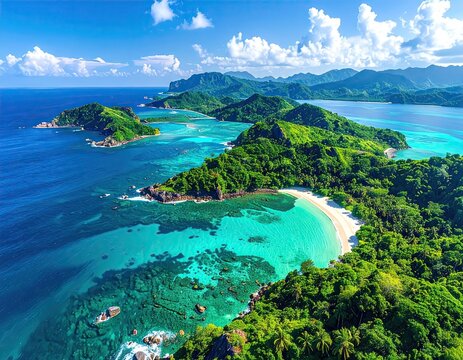 Aerial View of Turquoise Water and Lush Green Tropical Islands in Bright Sunlight Mahe Seychelles