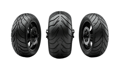Three motorcycle tires, front and rear views, arranged symmetrically against a solid black background for contrast