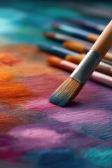 Fototapeta premium A vibrant close-up of a paintbrush resting on a colorful palette filled with rich hues, This image is perfect for art-related projects, tutorials, or promoting creativity and artistic expression,