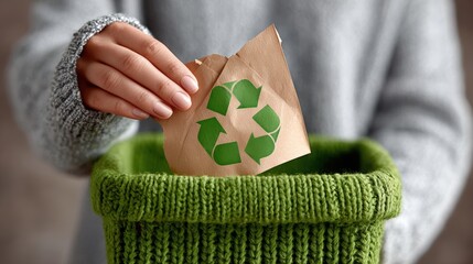 A person drops a recyclable item into a green bin, emphasizing eco-friendly practices, This image is ideal for topics related to recycling, sustainability, environmental awareness