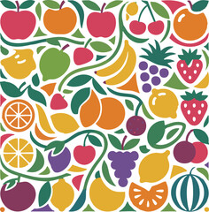 Vibrant Abstract Fruit Pattern with Apples, Bananas, Oranges, and Berries