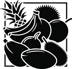 Stylized Black and White Tropical Fruit Arrangement with Pineapple, Bananas, and Durian