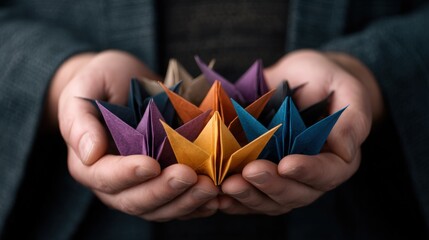 A close-up of hands cradling colorful origami cranes, symbolizing hope and positivity, Ideal for topics on creativity, crafts, mindfulness, or cultural themes, Perfect for articles, blogs