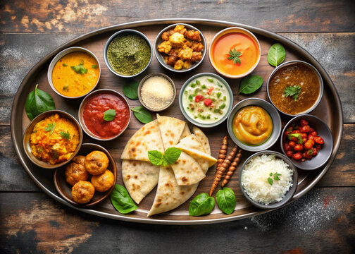 Indian thali meal flat lay with space for restaurant logo