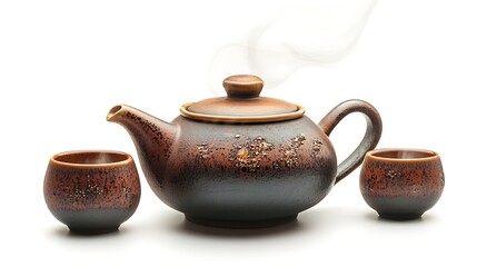 A brown and black ceramic teapot with two matching cups on a white surface in a studio setting
