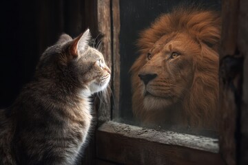 Cat gazes into mirror reflecting lion, illustrating the juxtaposition of domestic and wild nature in an intimate setting