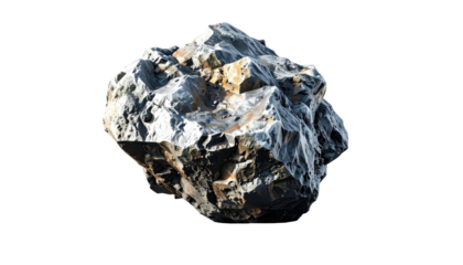 Rock fragment on black background. A textured, rugged, gray, and brown stone shard, sharply lit