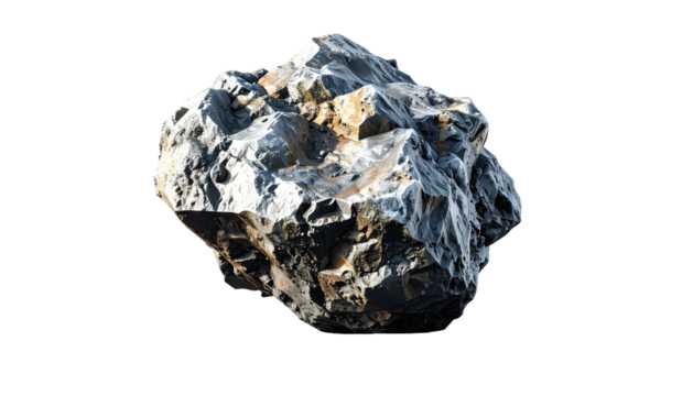 Rock fragment on black background. A textured, rugged, gray, and brown stone shard, sharply lit - Powered by Adobe