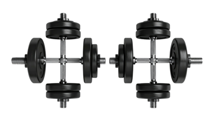 Two black dumbbells arranged horizontally, centered on a black background, suggesting fitness and strength training