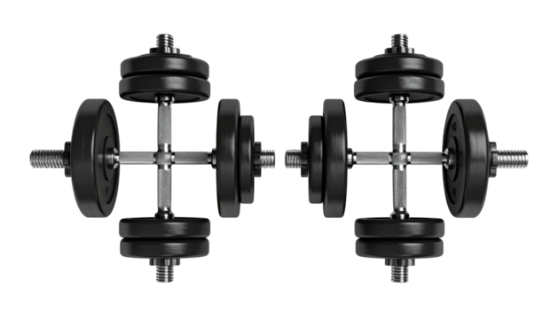 Two black dumbbells arranged horizontally, centered on a black background, suggesting fitness and strength training