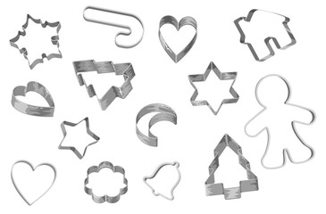 Fototapeta premium Metal Cookie Cutter Collection in Various Shapes & Angles Snowflake, Candy Cane, Heart, House, Christmas Tree, Crescent, Star, Flower, Bell & Gingerbread Man