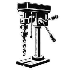 Vintage black and white illustration of a drill press machine