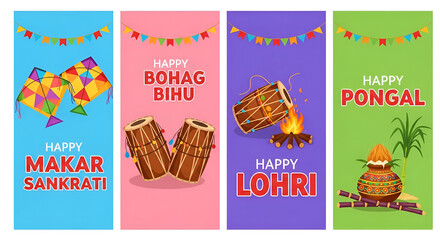 Indian festivals Makar Sankranti, Lohri, Pongal, and Bohag Bihu editable vector illustration social media posts and banners