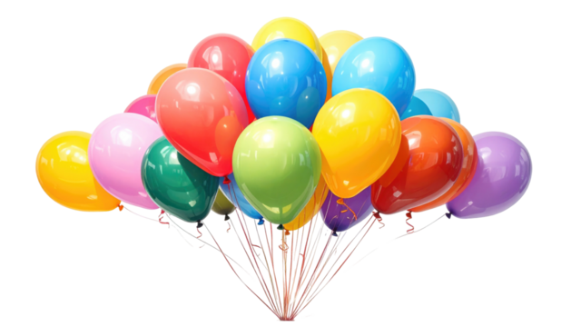 A vibrant bunch of colorful, shiny balloons tied together, filling the frame against a dark background