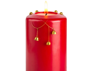 Angled Front View of Red Christmas Taper Candle with Gold Bells, Warm Glow, Isolated.