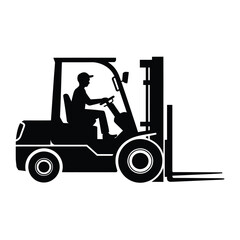 Silhouette of a forklift truck with a driver in a warehouse setting