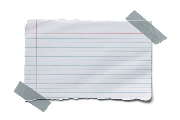 Torn piece of lined paper taped to a surface with grey tape, isolated on white background